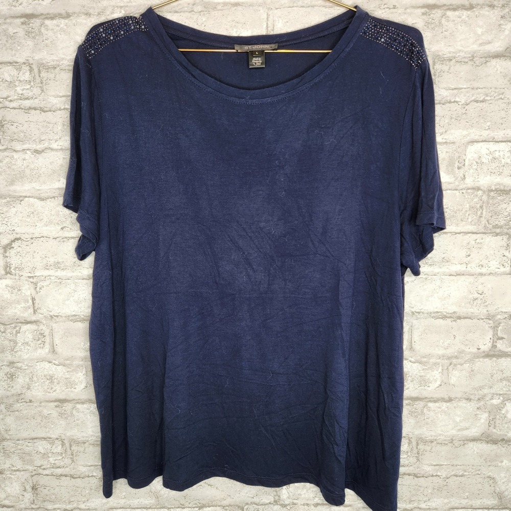 St. John T-Shirt Sequin Shoulder Navy Blue Short Sleeve Classic Elegant L
